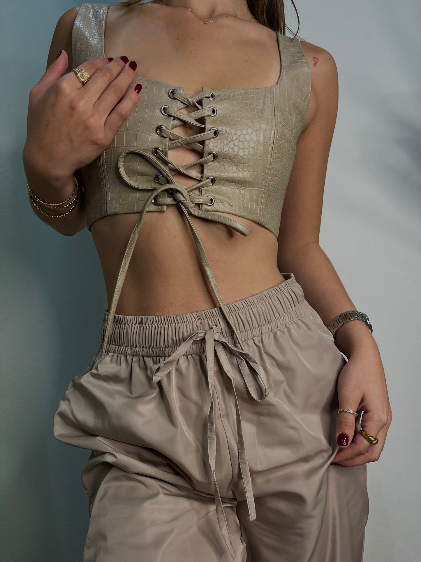 Laced leather crop top